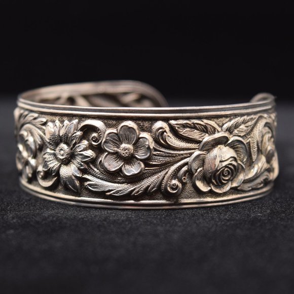 S Kirk & Son Jewelry - Vintage S Kirk Son Sterling Repousse Floral Cuff Bracelet Silver Flower Relief